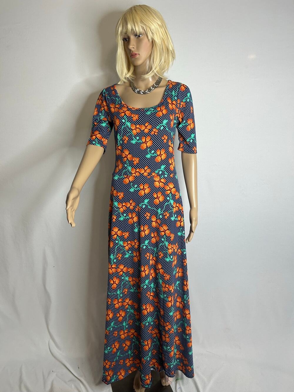 LuLaRoe Ana Maxi Dress Small Navy Orange Floral Polka Dot Elbow Sleeve